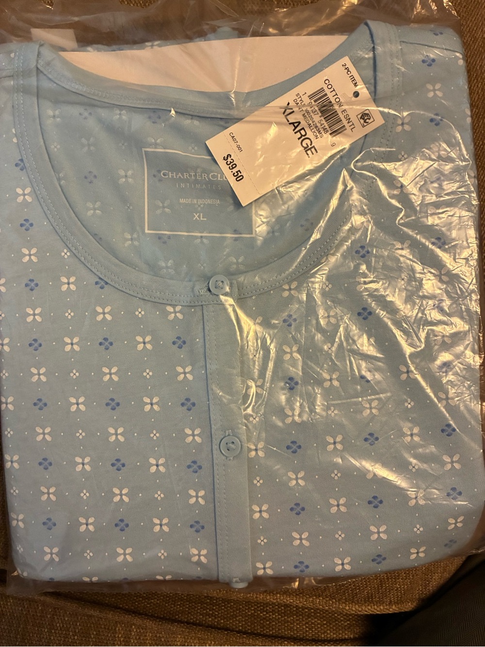 NWT Charter Club Light Blue Floral Cotton pajama set